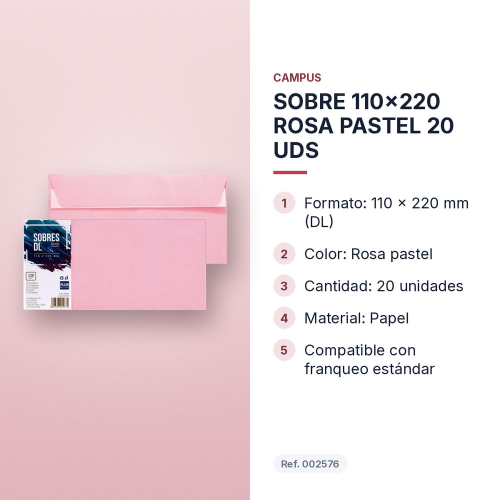 SOBRE 110x220 ROSA PASTEL 20 UDS - características principales