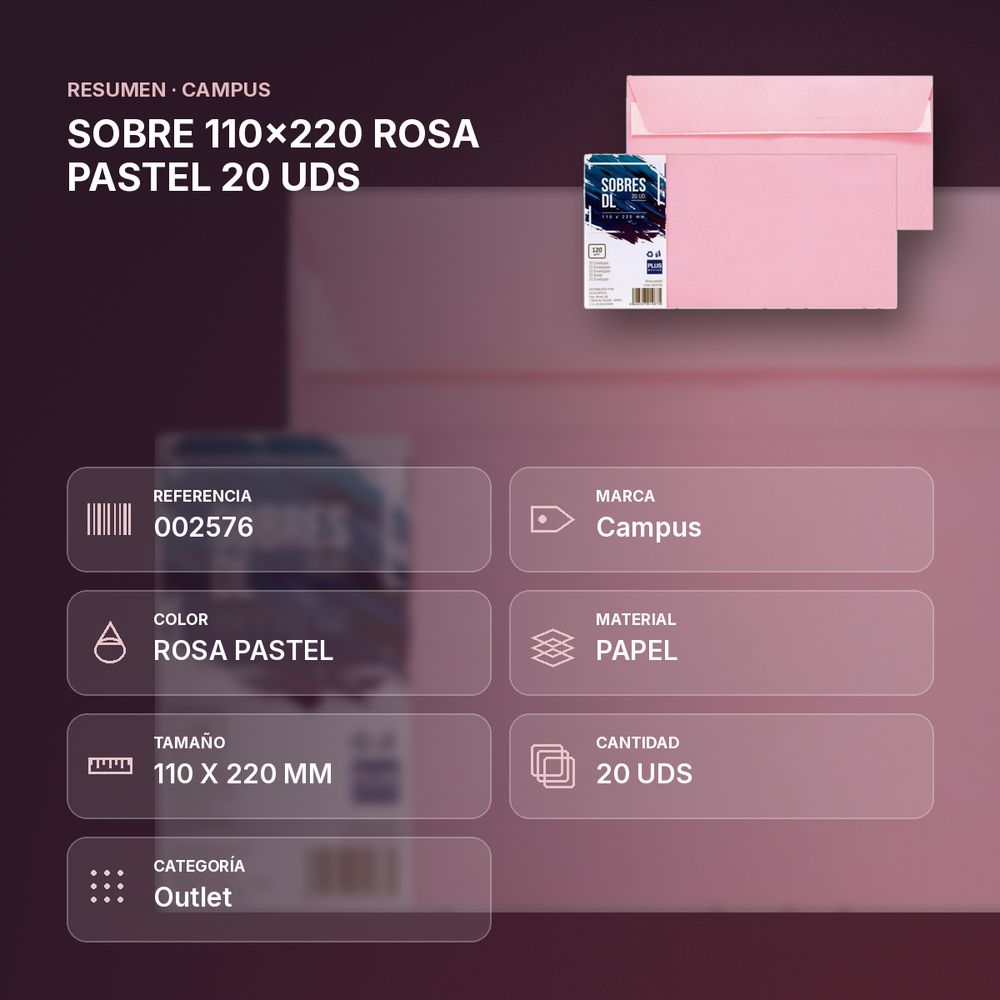 SOBRE 110x220 ROSA PASTEL 20 UDS - resumen de atributos