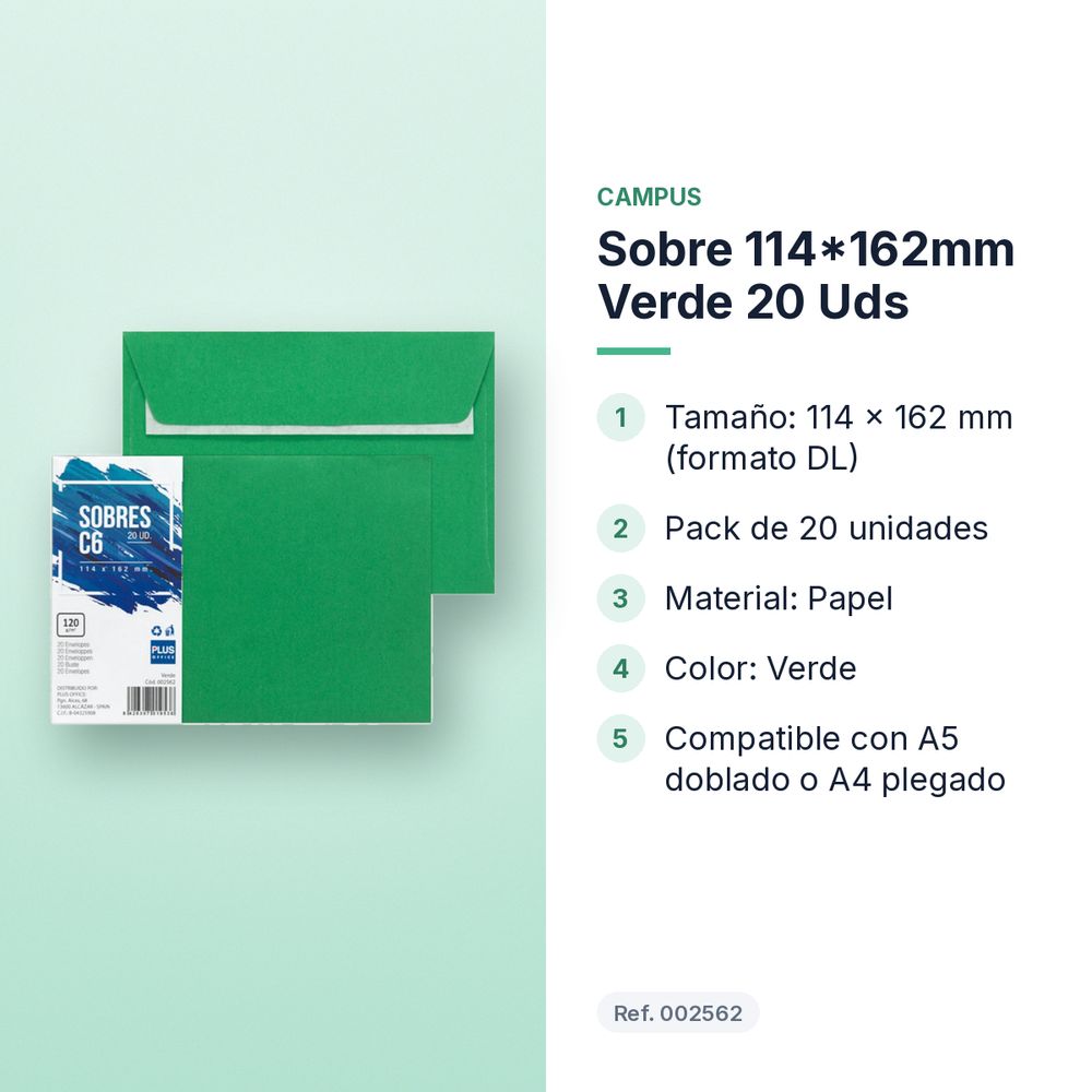 SOBRE 114*162MM VERDE 20 UDS - características principales
