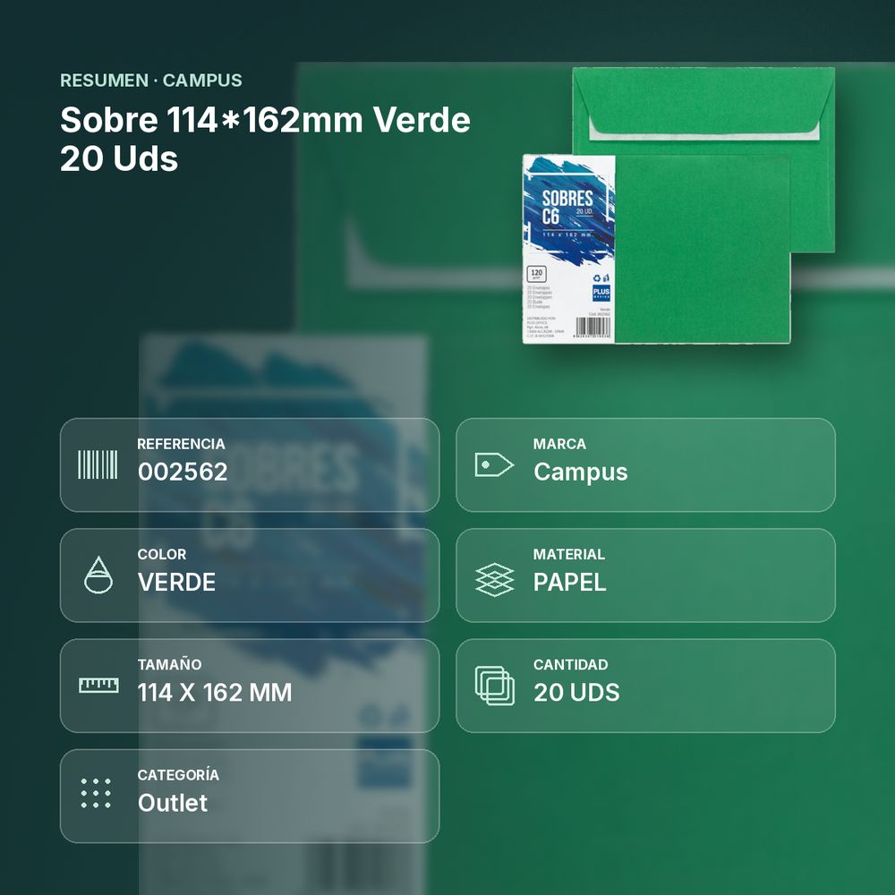 SOBRE 114*162MM VERDE 20 UDS - resumen de atributos