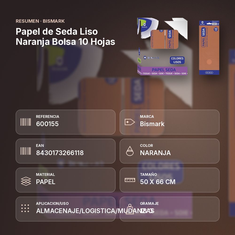 PAPEL DE SEDA LISO NARANJA BOLSA 10 HOJAS - resumen de atributos