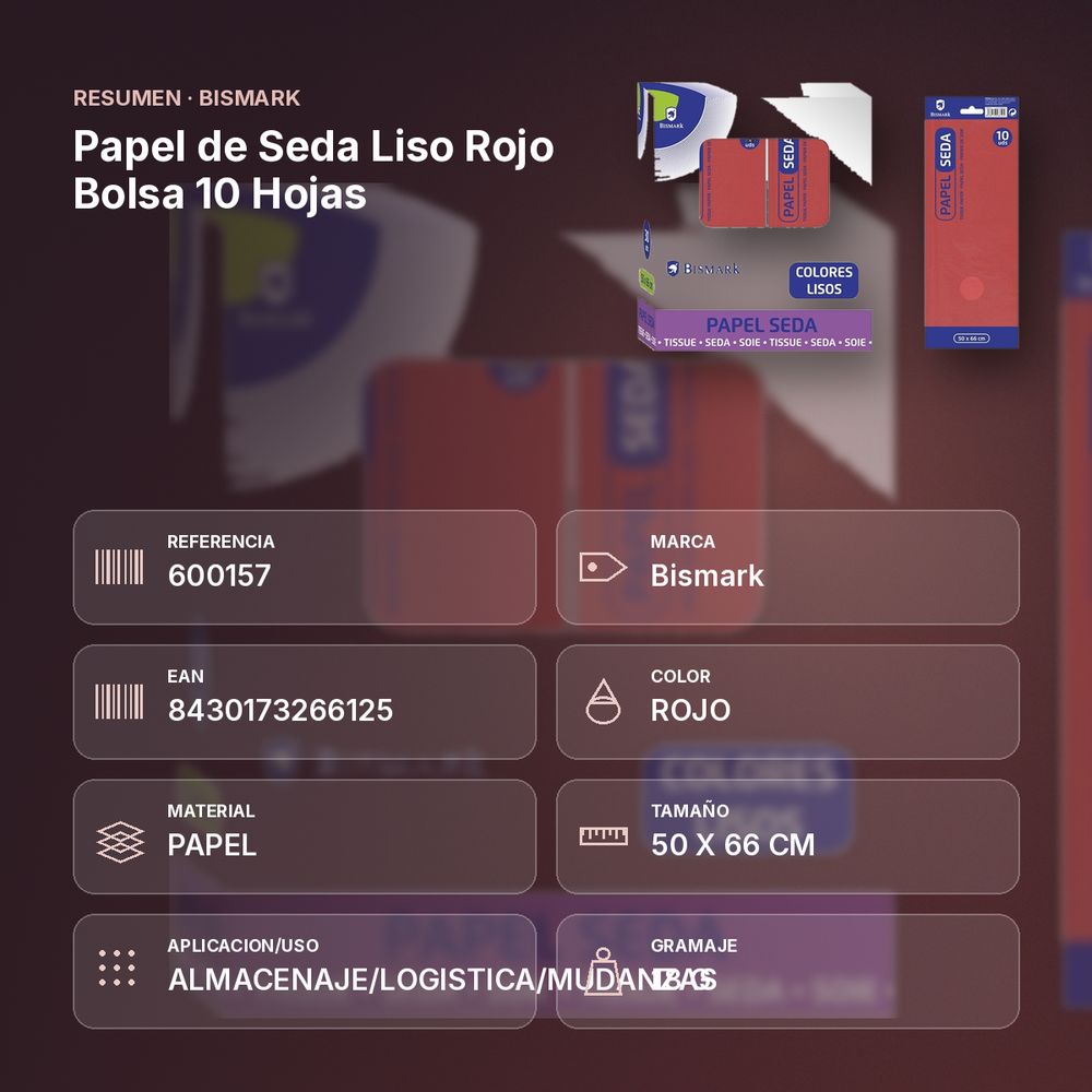 PAPEL DE SEDA LISO ROJO BOLSA 10 HOJAS - resumen de atributos