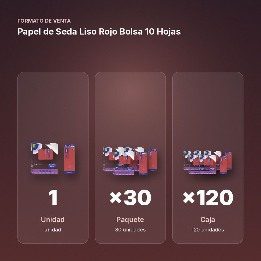 PAPEL DE SEDA LISO ROJO BOLSA 10 HOJAS - formato de venta: paquete de 30, caja de 120