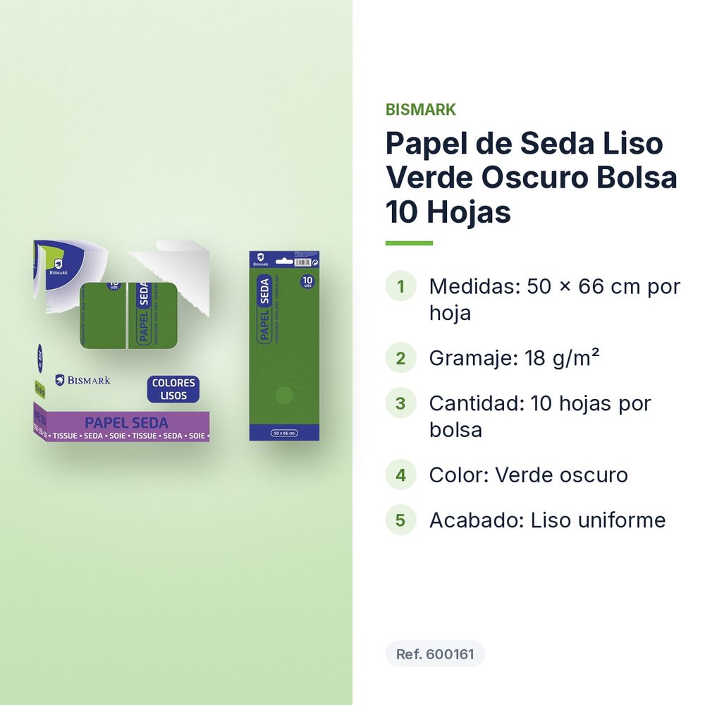 PAPEL DE SEDA LISO VERDE OSCURO BOLSA 10 HOJAS - características principales
