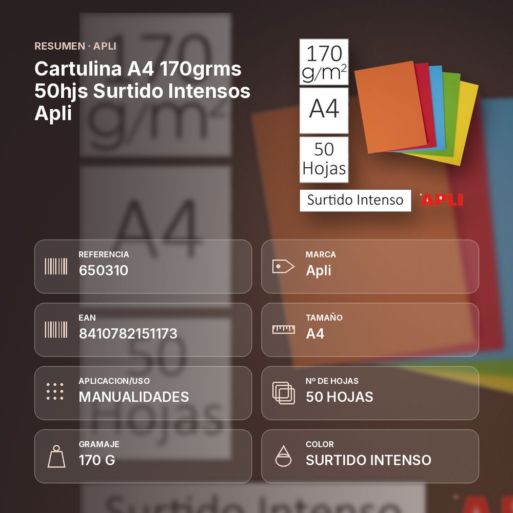 CARTULINA A4 170GRMS 50HJS SURTIDO INTENSOS APLI - resumen de atributos
