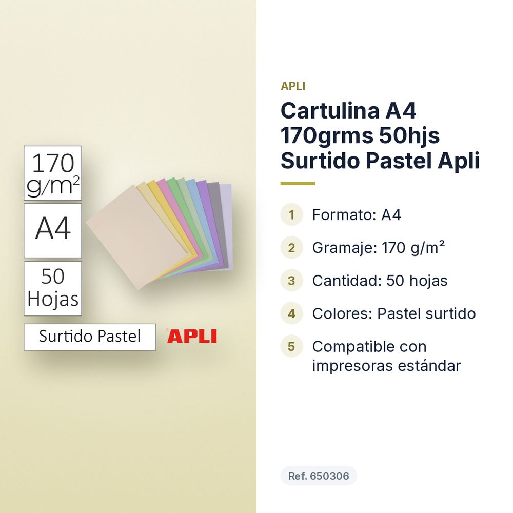 CARTULINA A4 170GRMS 50HJS SURTIDO PASTEL APLI - características principales