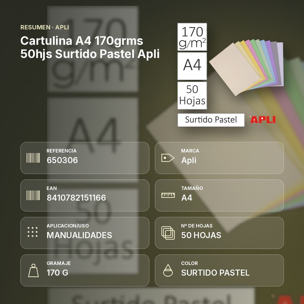 CARTULINA A4 170GRMS 50HJS SURTIDO PASTEL APLI - resumen de atributos