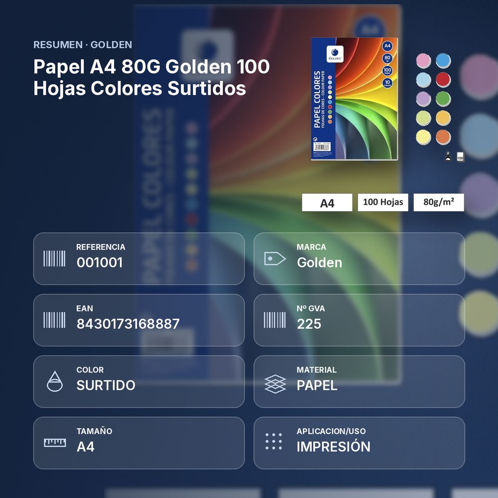 PAPEL A4 80G GOLDEN 100 HOJAS COLORES SURTIDOS  - resumen de atributos