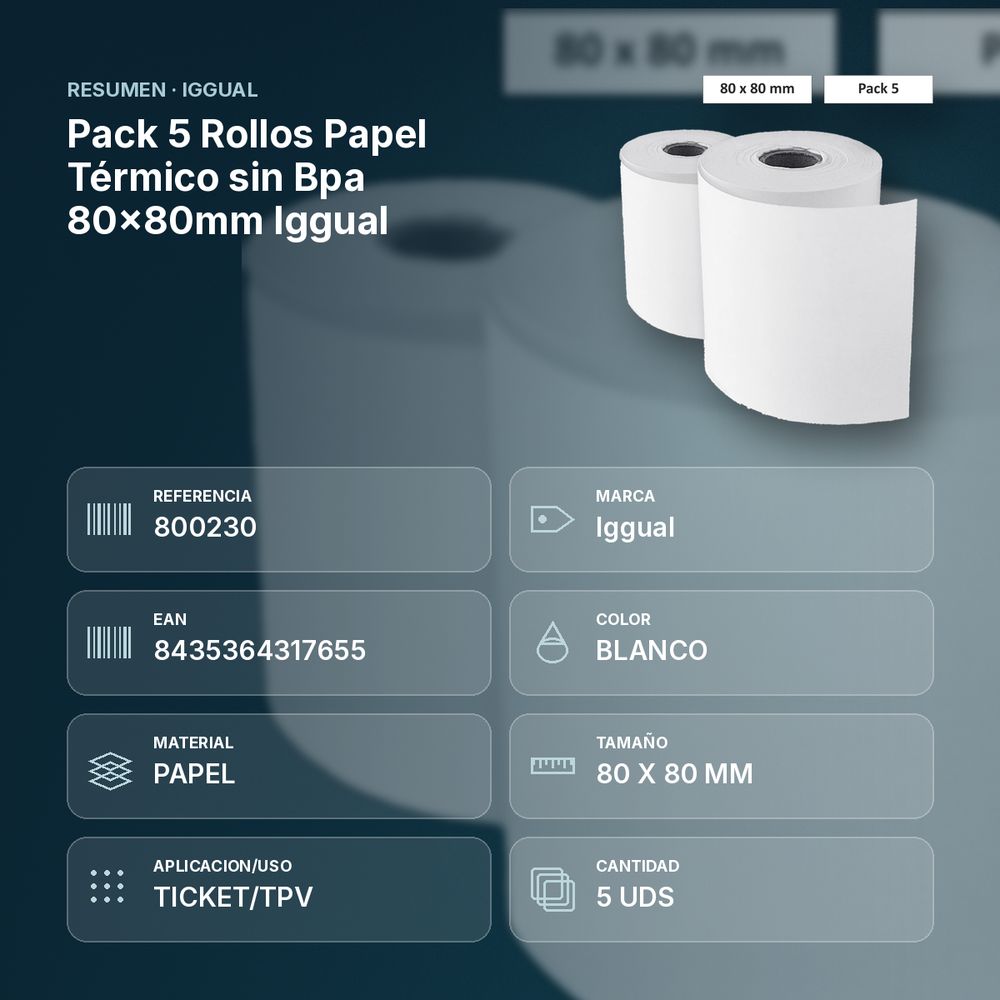 PACK 5 ROLLOS PAPEL TÉRMICO SIN BPA 80X80MM IGGUAL  - resumen de atributos