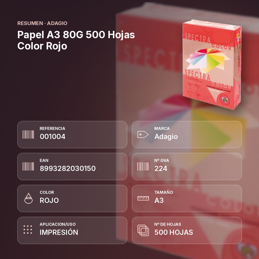 PAPEL A3 80G 500 HOJAS COLOR ROJO - resumen de atributos