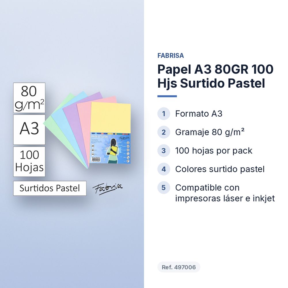 PAPEL A3 80GR 100 HJS SURTIDO PASTEL - características principales