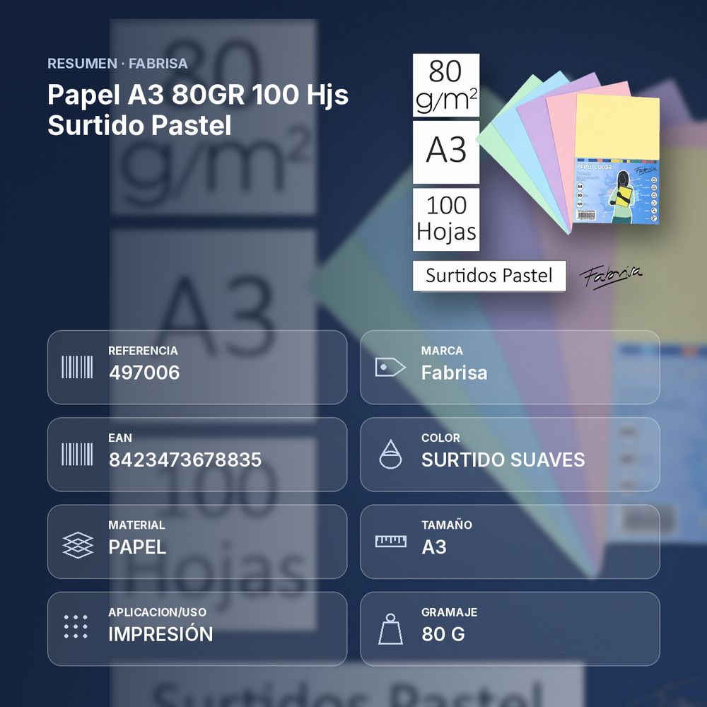 PAPEL A3 80GR 100 HJS SURTIDO PASTEL - resumen de atributos
