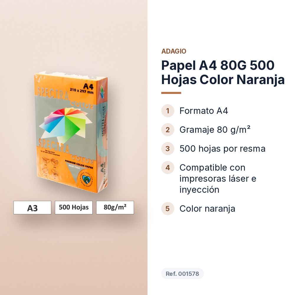 PAPEL A4 80G 500 HOJAS COLOR NARANJA - características principales