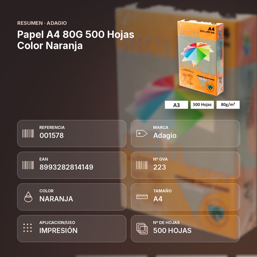PAPEL A4 80G 500 HOJAS COLOR NARANJA - resumen de atributos