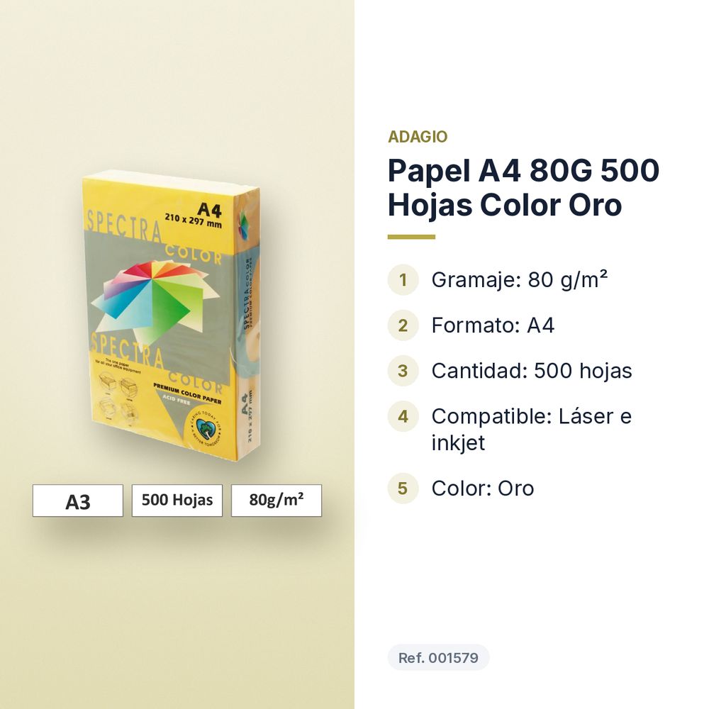 PAPEL A4 80G 500 HOJAS COLOR ORO - características principales