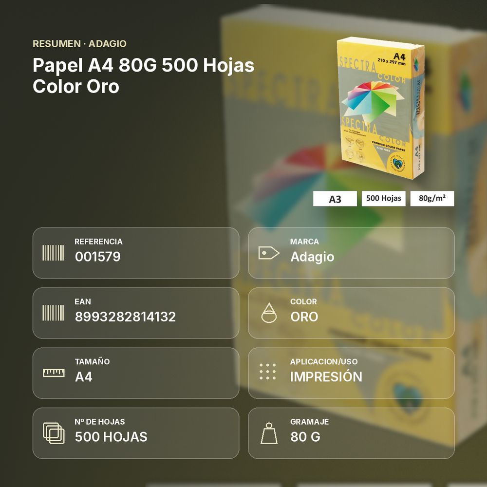 PAPEL A4 80G 500 HOJAS COLOR ORO - resumen de atributos