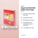 PAPEL A4 80G 500 HOJAS COLOR ROJO - características principales