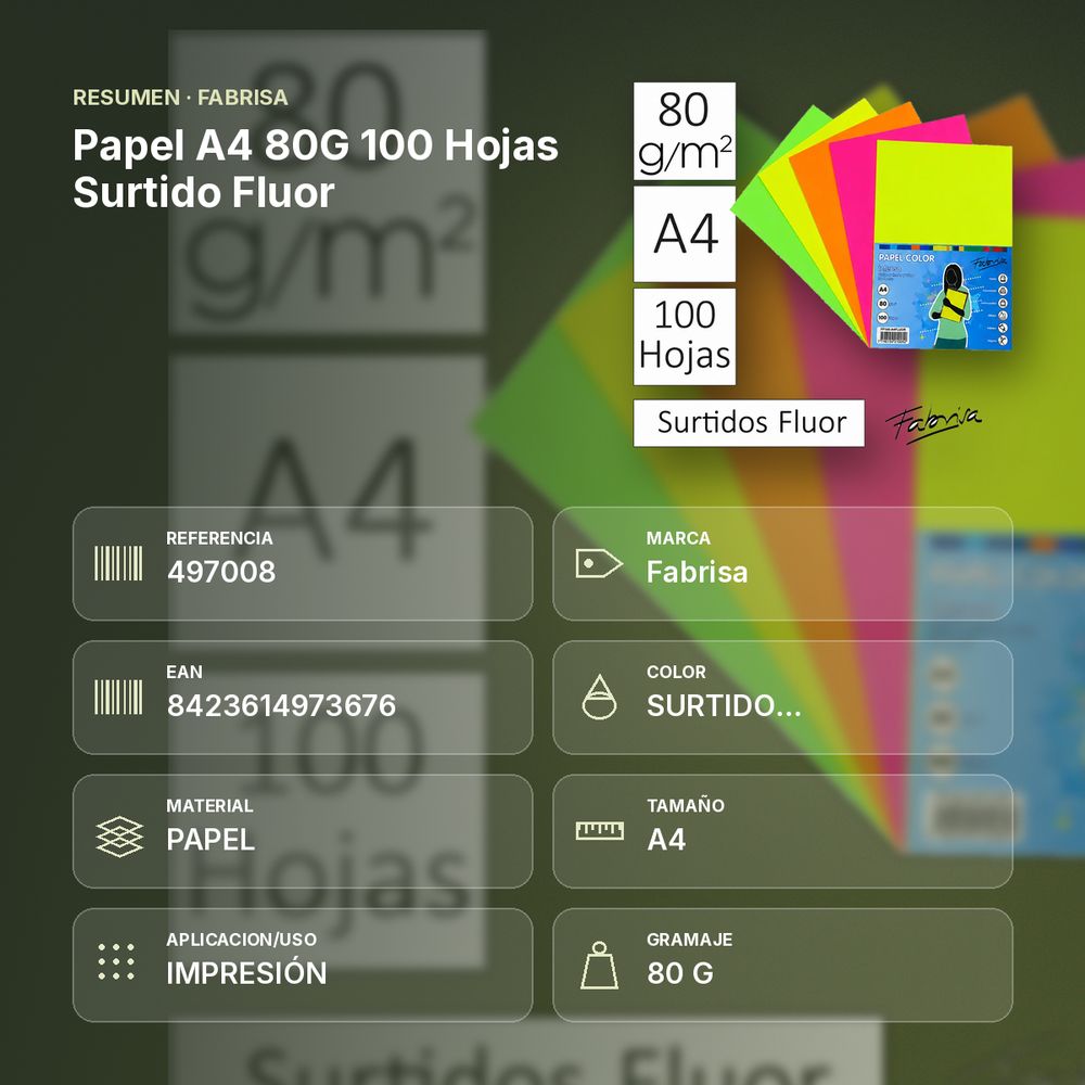 PAPEL A4 80G 100 HOJAS SURTIDO FLUOR - resumen de atributos