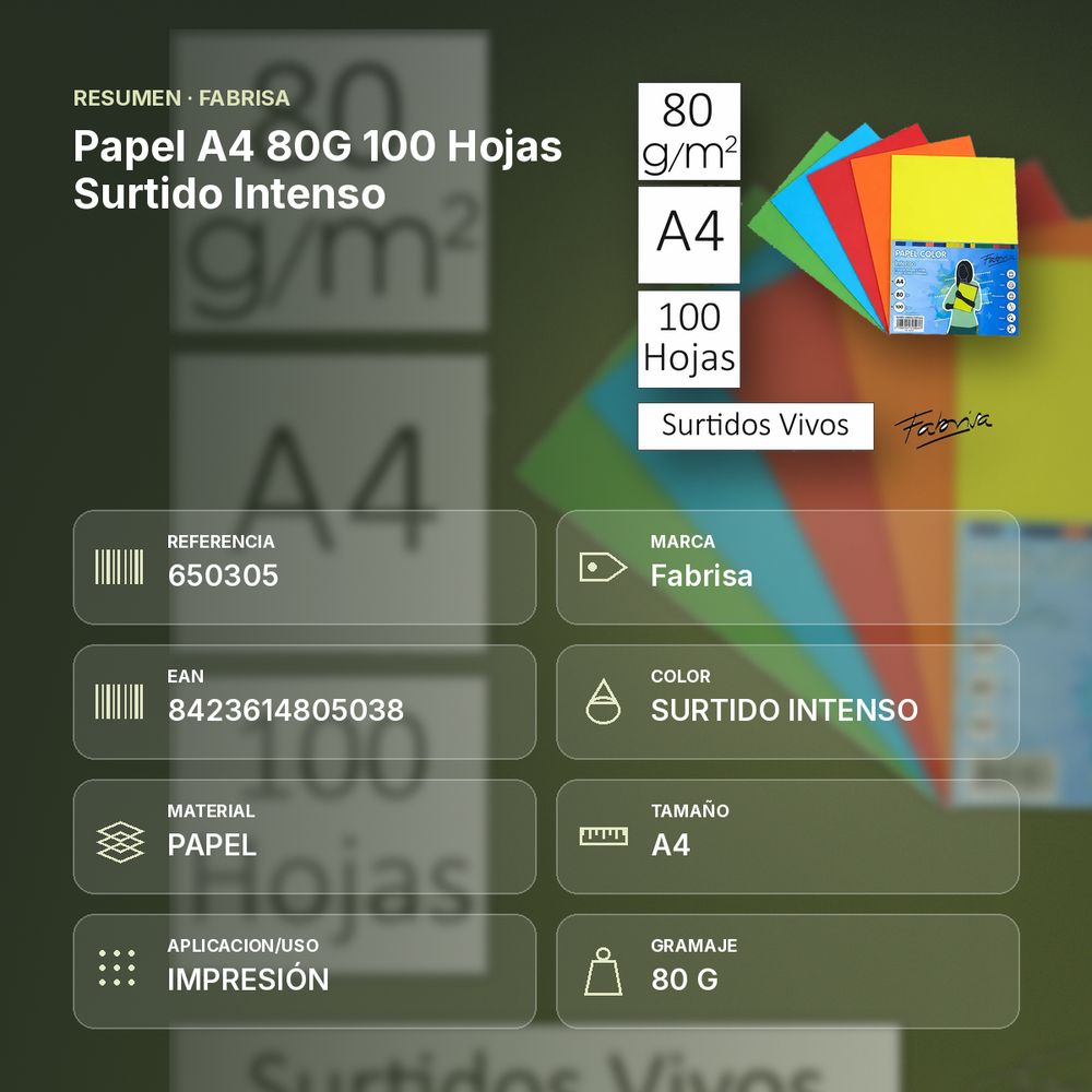 PAPEL A4 80G 100 HOJAS SURTIDO INTENSO  - resumen de atributos