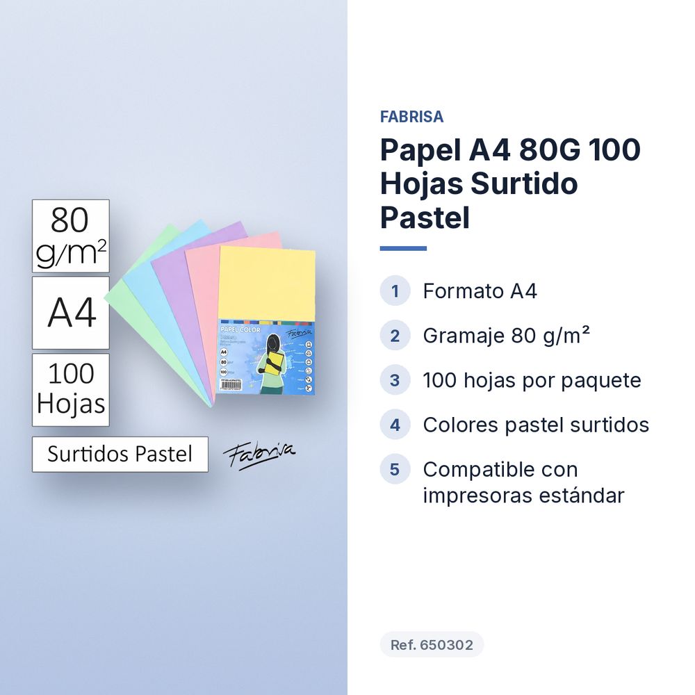 PAPEL A4 80G 100 HOJAS SURTIDO PASTEL  - características principales