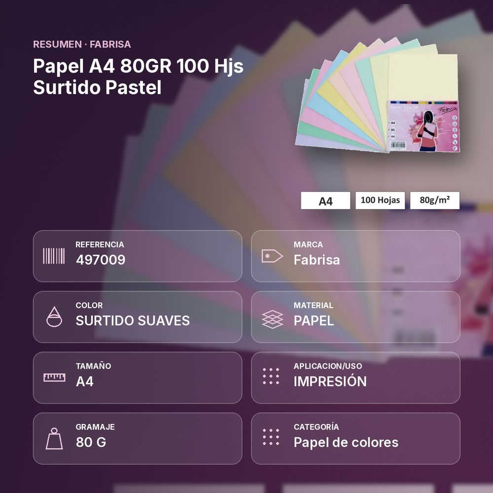 PAPEL A4 80GR 100 HJS SURTIDO PASTEL - resumen de atributos