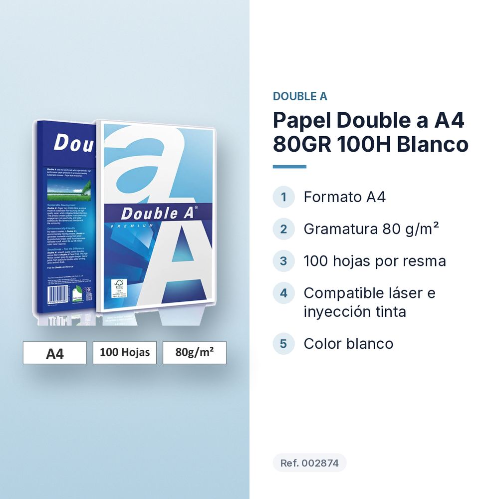 PAPEL DOUBLE A A4 80GR 100H BLANCO - características principales