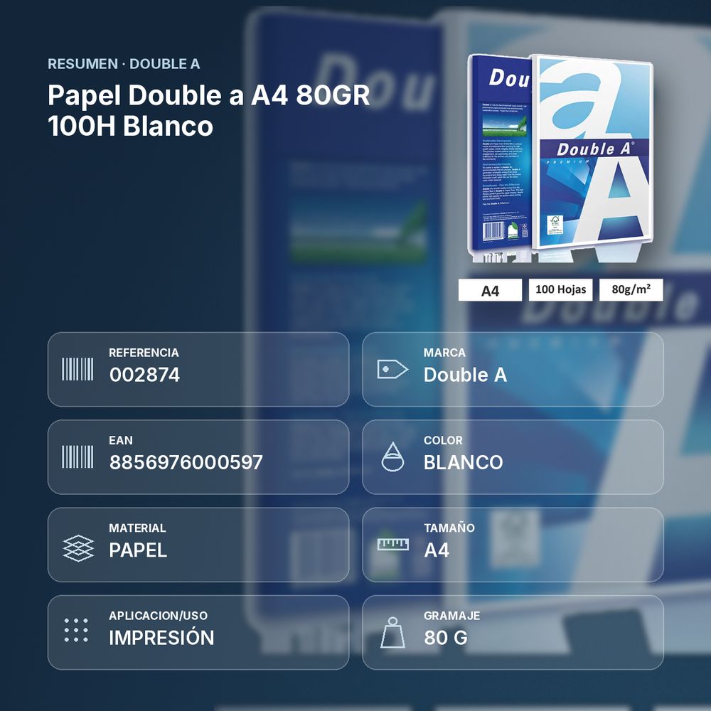 PAPEL DOUBLE A A4 80GR 100H BLANCO - resumen de atributos