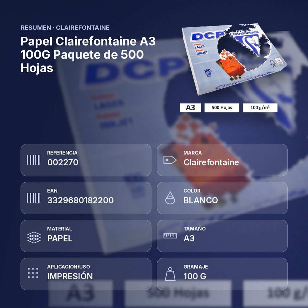 PAPEL CLAIREFONTAINE A3 100G PAQUETE DE 500 HOJAS - resumen de atributos