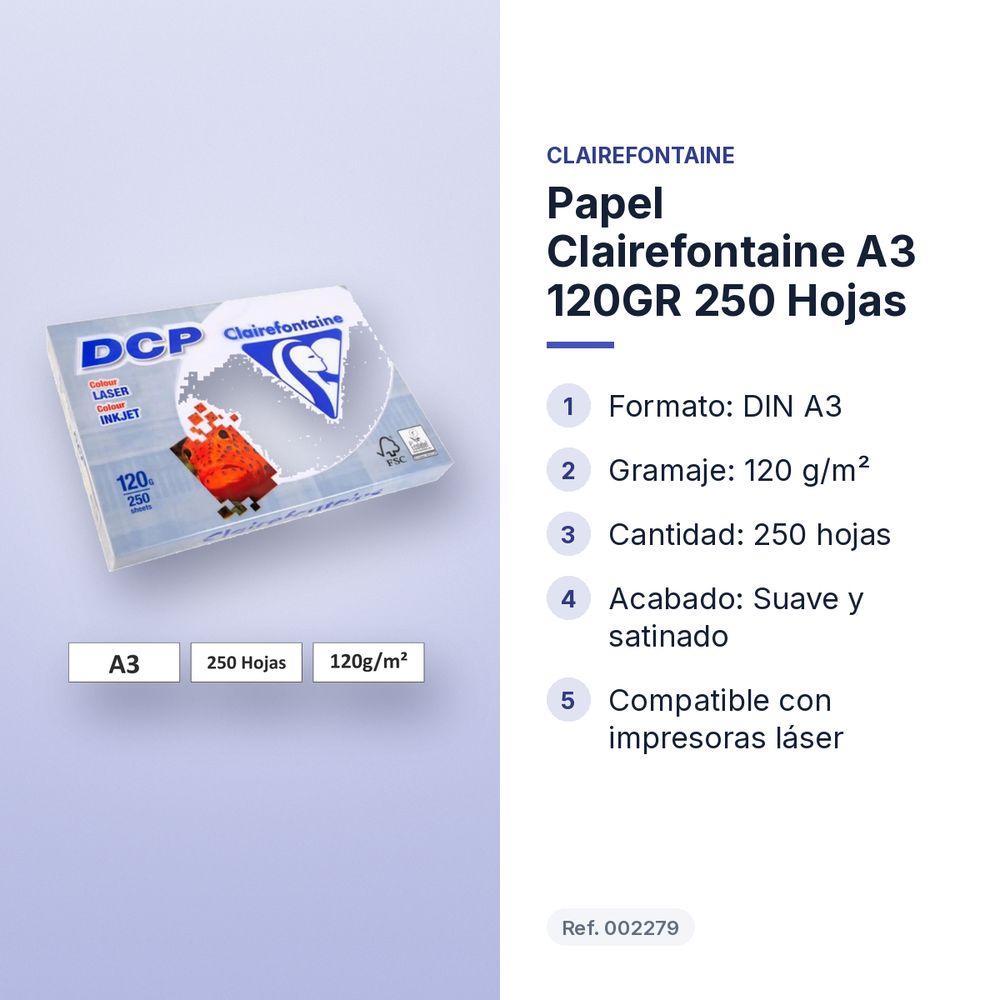 PAPEL CLAIREFONTAINE A3 120GR 250 HOJAS - características principales