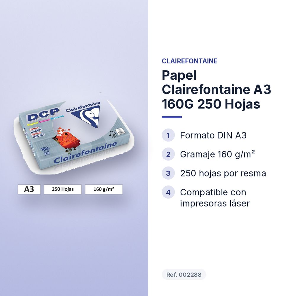 PAPEL CLAIREFONTAINE A3 160G 250 HOJAS - características principales