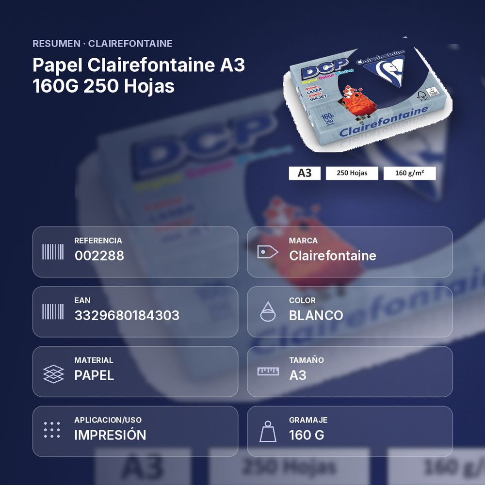 PAPEL CLAIREFONTAINE A3 160G 250 HOJAS - resumen de atributos