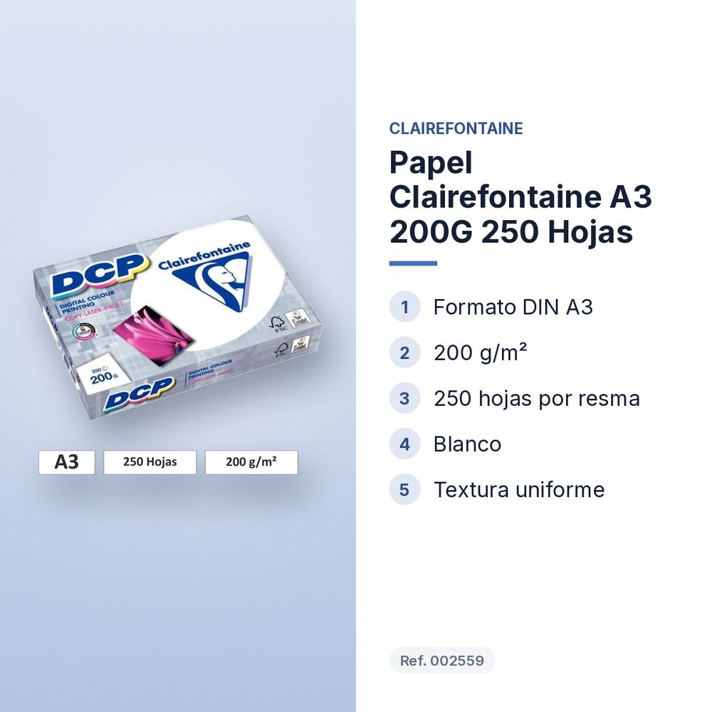 PAPEL CLAIREFONTAINE A3 200G 250 HOJAS - características principales