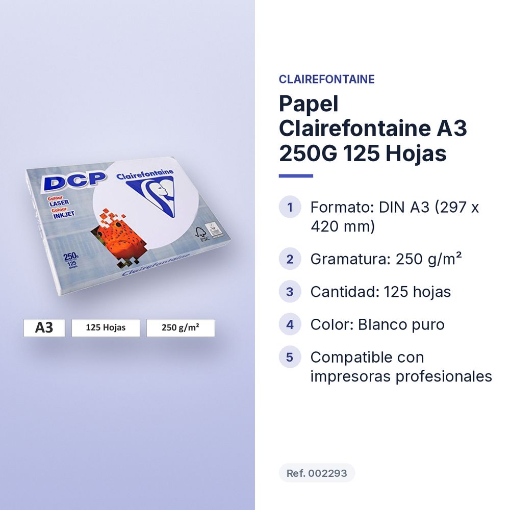 PAPEL CLAIREFONTAINE A3 250G 125 HOJAS - características principales