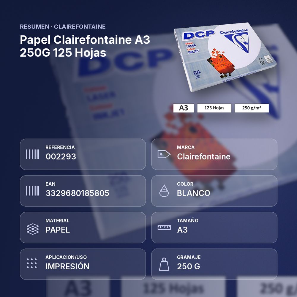 PAPEL CLAIREFONTAINE A3 250G 125 HOJAS - resumen de atributos