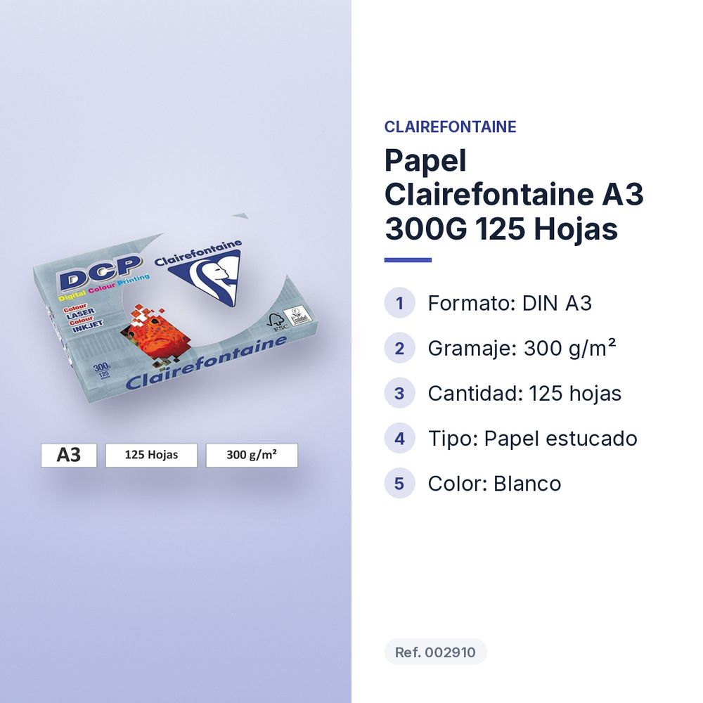 PAPEL CLAIREFONTAINE A3 300G 125 HOJAS - características principales