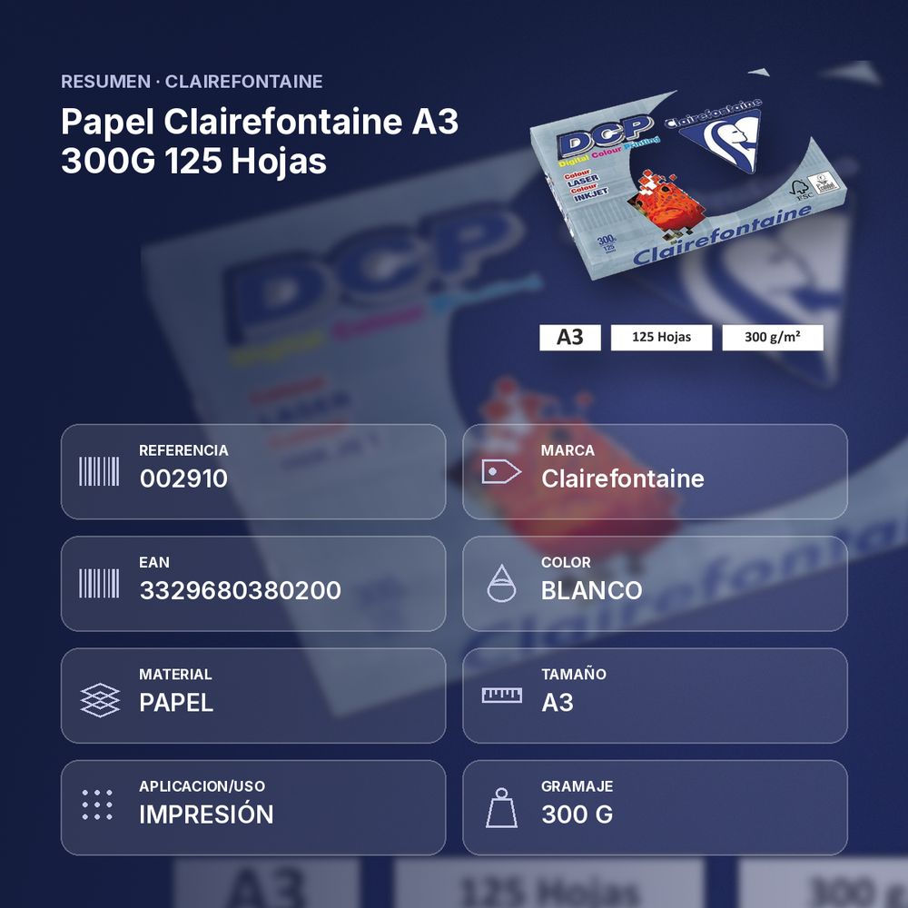PAPEL CLAIREFONTAINE A3 300G 125 HOJAS - resumen de atributos