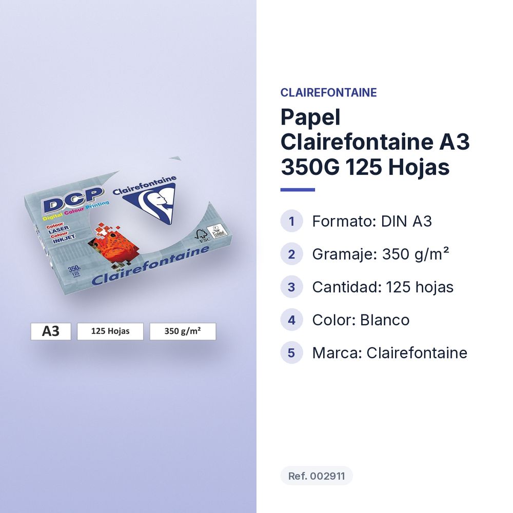 PAPEL CLAIREFONTAINE A3 350G 125 HOJAS - características principales