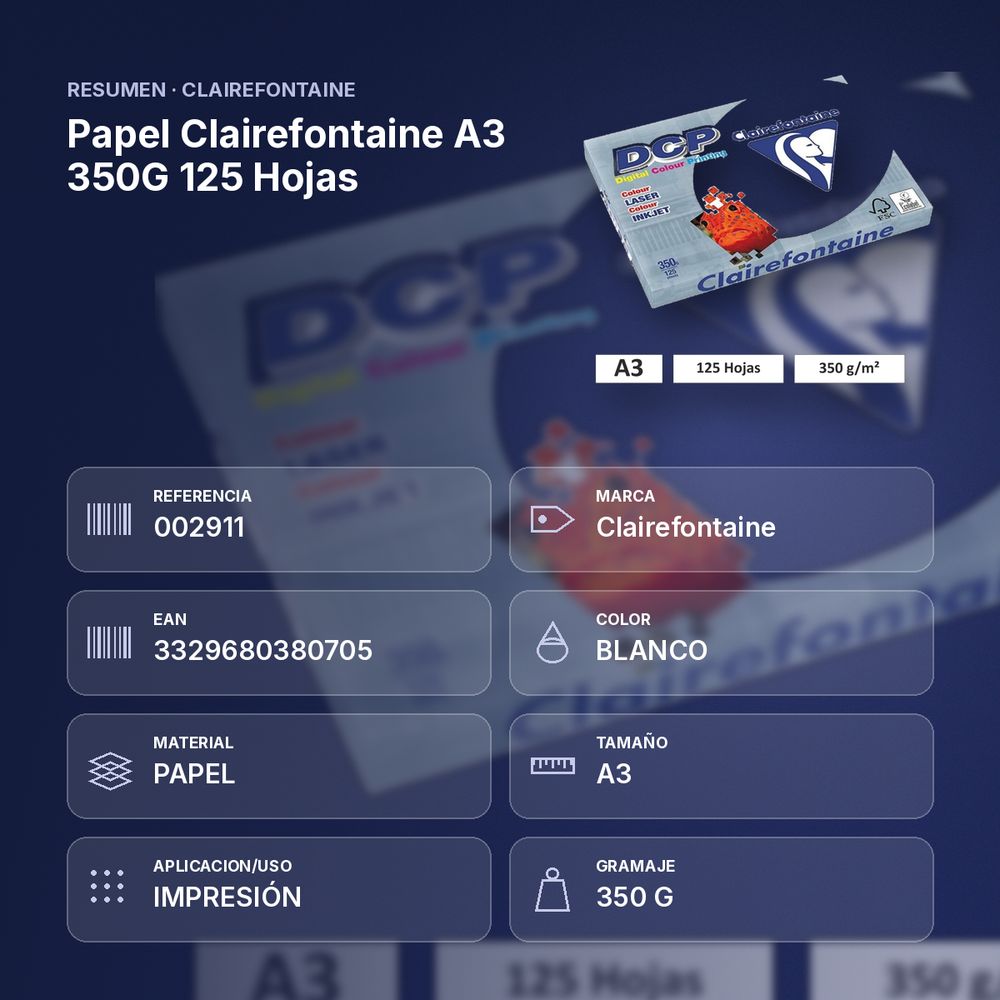 PAPEL CLAIREFONTAINE A3 350G 125 HOJAS - resumen de atributos