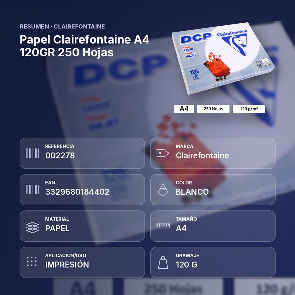 PAPEL CLAIREFONTAINE A4 120GR 250 HOJAS - resumen de atributos