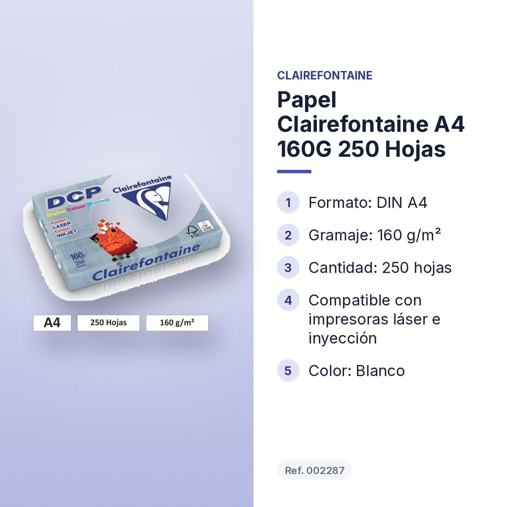 PAPEL CLAIREFONTAINE A4 160G 250 HOJAS - características principales