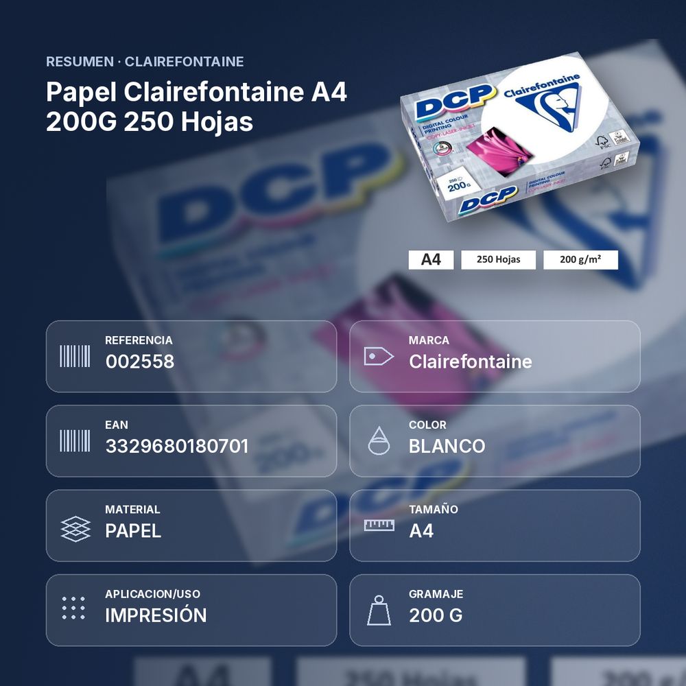 PAPEL CLAIREFONTAINE A4  200G 250 HOJAS - resumen de atributos