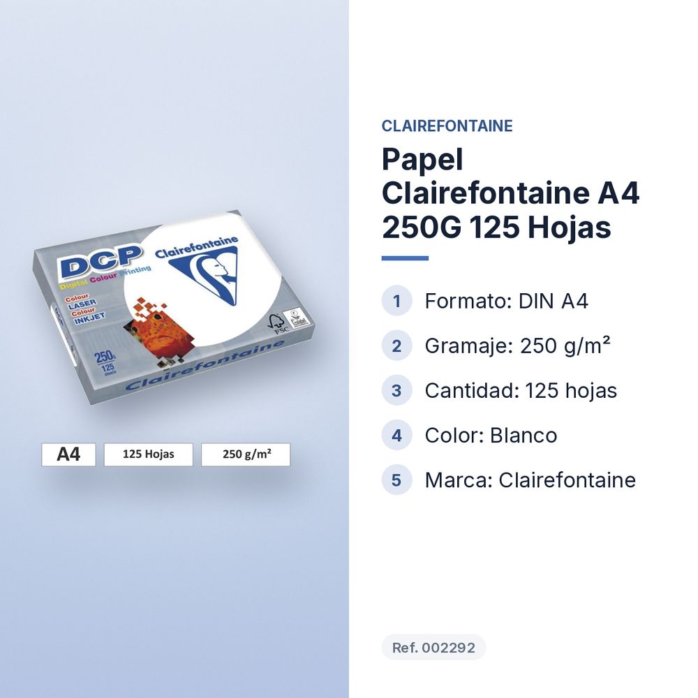 PAPEL CLAIREFONTAINE A4 250G 125 HOJAS - características principales