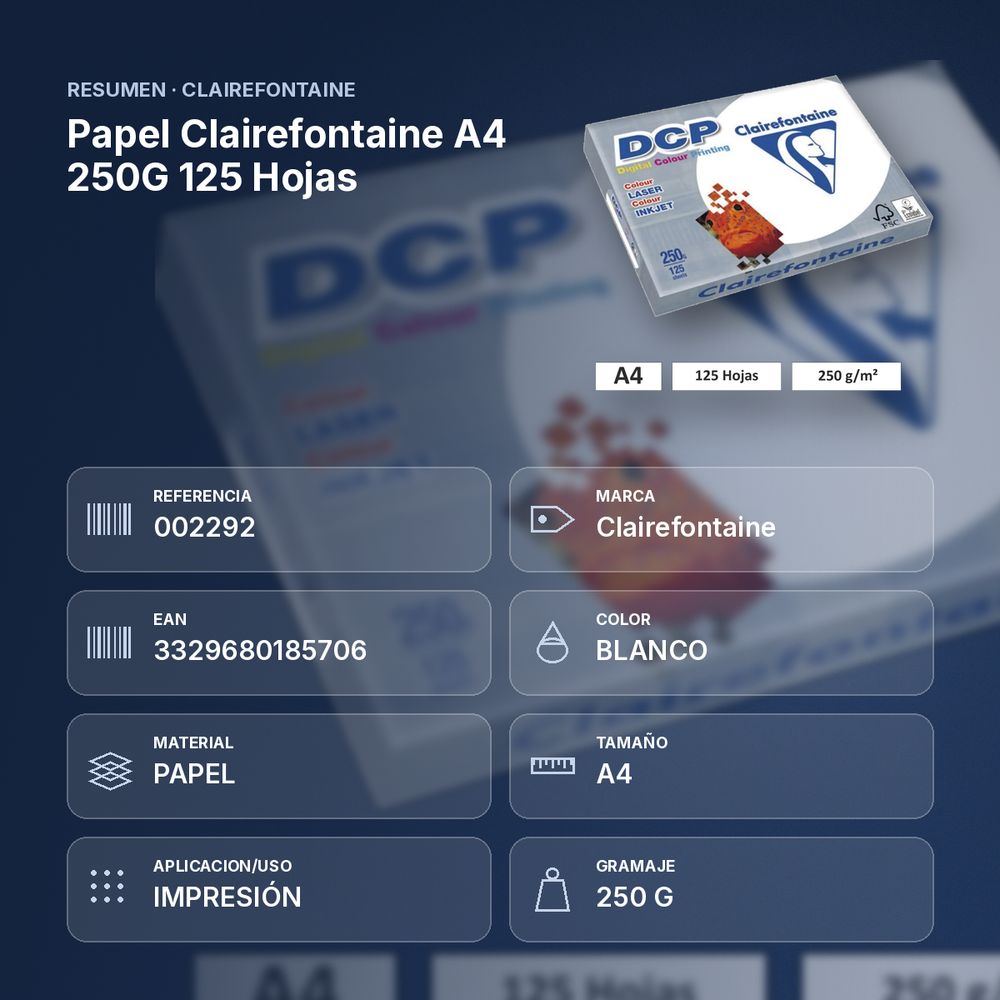 PAPEL CLAIREFONTAINE A4 250G 125 HOJAS - resumen de atributos