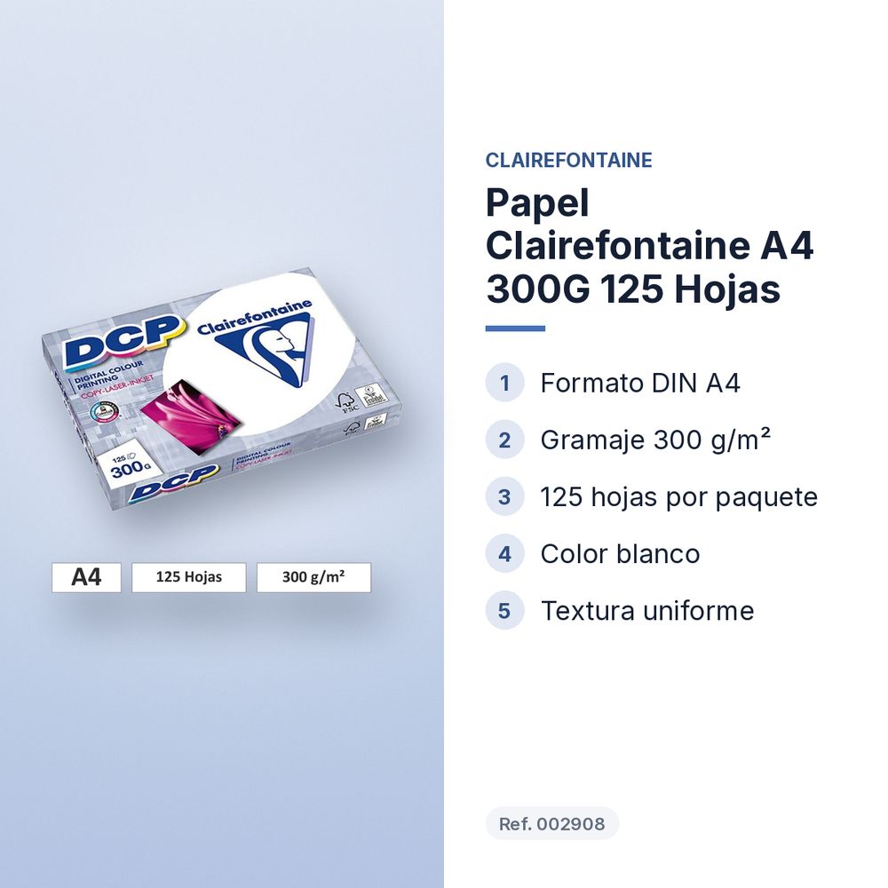 PAPEL CLAIREFONTAINE A4 300G 125 HOJAS - características principales