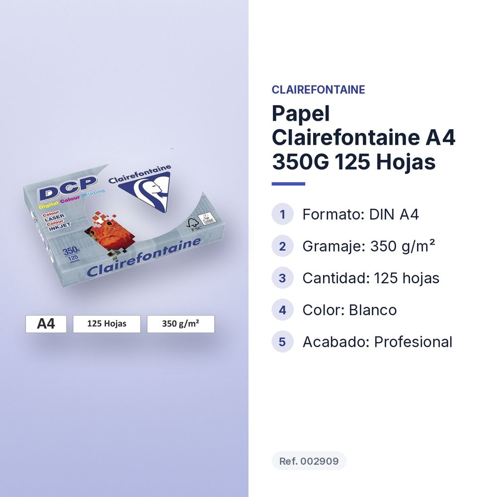 PAPEL CLAIREFONTAINE A4 350G 125 HOJAS - características principales