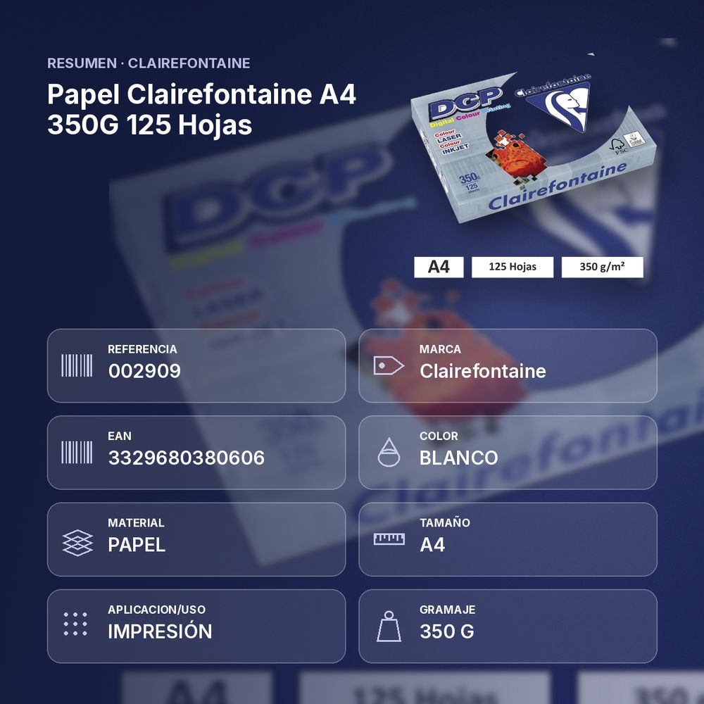 PAPEL CLAIREFONTAINE A4 350G 125 HOJAS - resumen de atributos