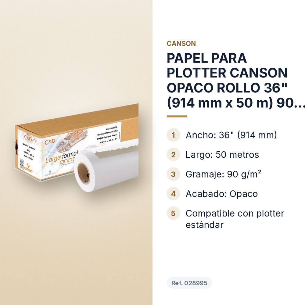 PAPEL PARA PLOTTER CANSON OPACO ROLLO 36" (914 mm x 50 m) 90 g - características principales