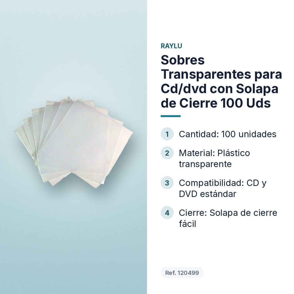 SOBRES TRANSPARENTES PARA CD/DVD CON SOLAPA DE CIERRE 100 UDS  - características principales