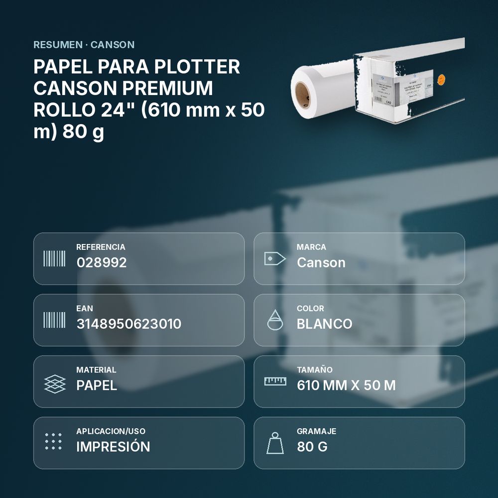 PAPEL PARA PLOTTER CANSON PREMIUM ROLLO 24" (610 mm x 50 m) 80 g - resumen de atributos