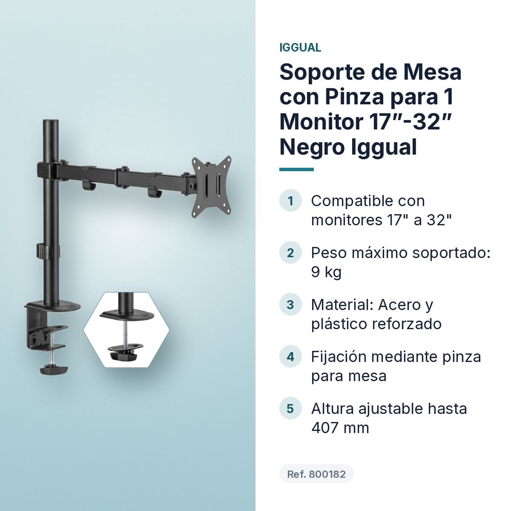 SOPORTE DE MESA CON PINZA PARA 1 MONITOR 17”-32” NEGRO IGGUAL - características principales